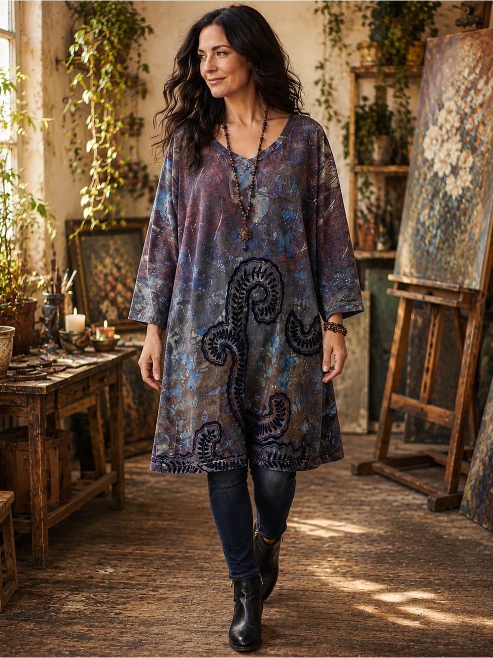 Purple Burnout Velvet Tunic Dress L Wearable Art Lagenlook Boho